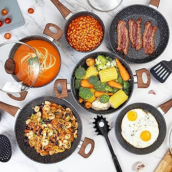 Non Stick Pots and Pans Set – Kitchen Cookware Set with Lid – Induction Hob Pots Set – 15pc Non Stick Cooking Set – Cooking Marble Saucepan Pots and Frying Pan – Juego de Ollas Para Cocina