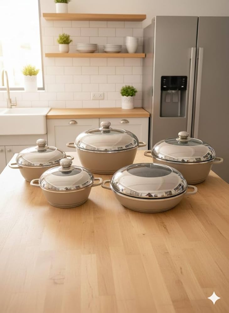 Premium 5-Piece Cookware Set, Beige Ceramic Pots and Pans with Glass Lids, Modern Kitchen Cooking Collection