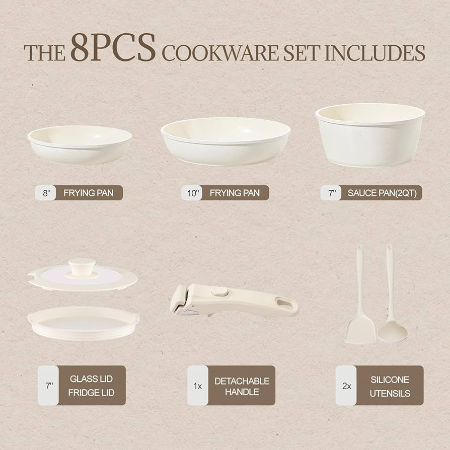 Ceramic Cookware Set Non Stick 8Pcs Pots and Pans Set Detachable Handle Induction Kitchen Cooking Set with Frying Pans Oven Dishwasher Safe, PFAS/PFOA Free, Cream White