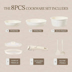 Ceramic Cookware Set Non Stick 8Pcs Pots and Pans Set Detachable Handle Induction Kitchen Cooking Set with Frying Pans Oven Dishwasher Safe, PFAS/PFOA Free, Cream White