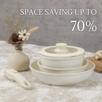 Ceramic Cookware Set Non Stick 8Pcs Pots and Pans Set Detachable Handle Induction Kitchen Cooking Set with Frying Pans Oven Dishwasher Safe, PFAS/PFOA Free, Cream White