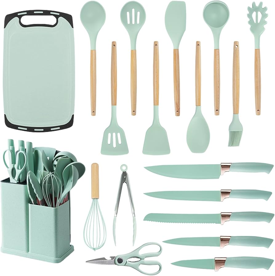 Cooking Utensils Set - 19 Piece Set with 11 Spatulas, 6 Sharp Knives, Silicone Utensils & Cutting Board