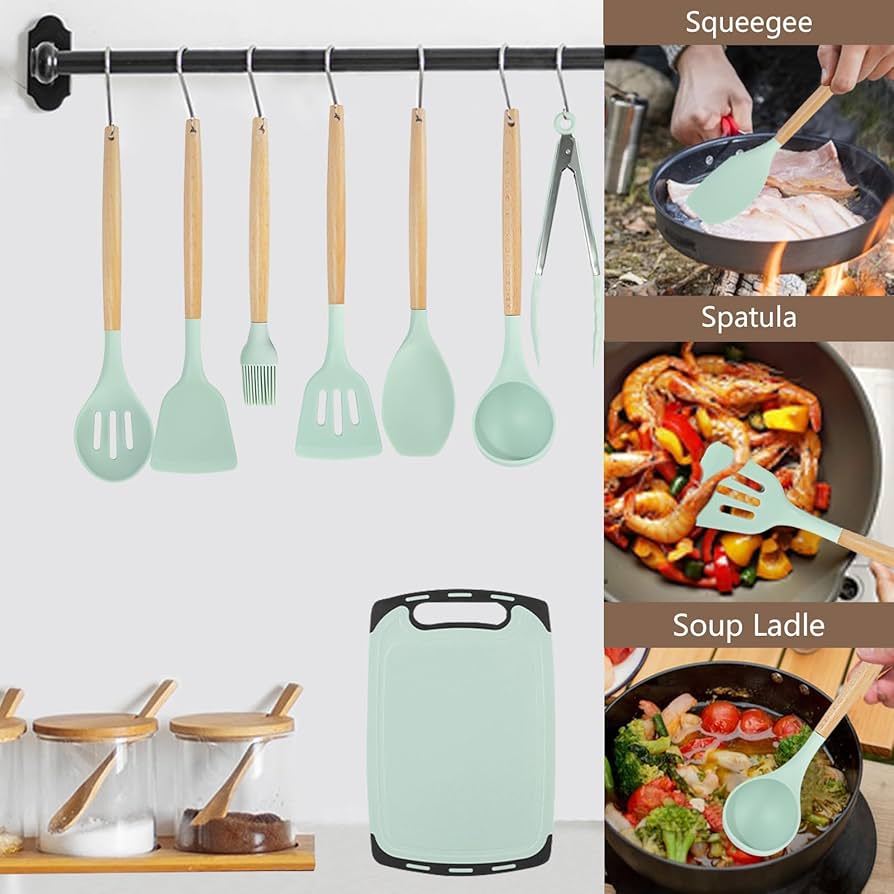 Cooking Utensils Set - 19 Piece Set with 11 Spatulas, 6 Sharp Knives, Silicone Utensils & Cutting Board