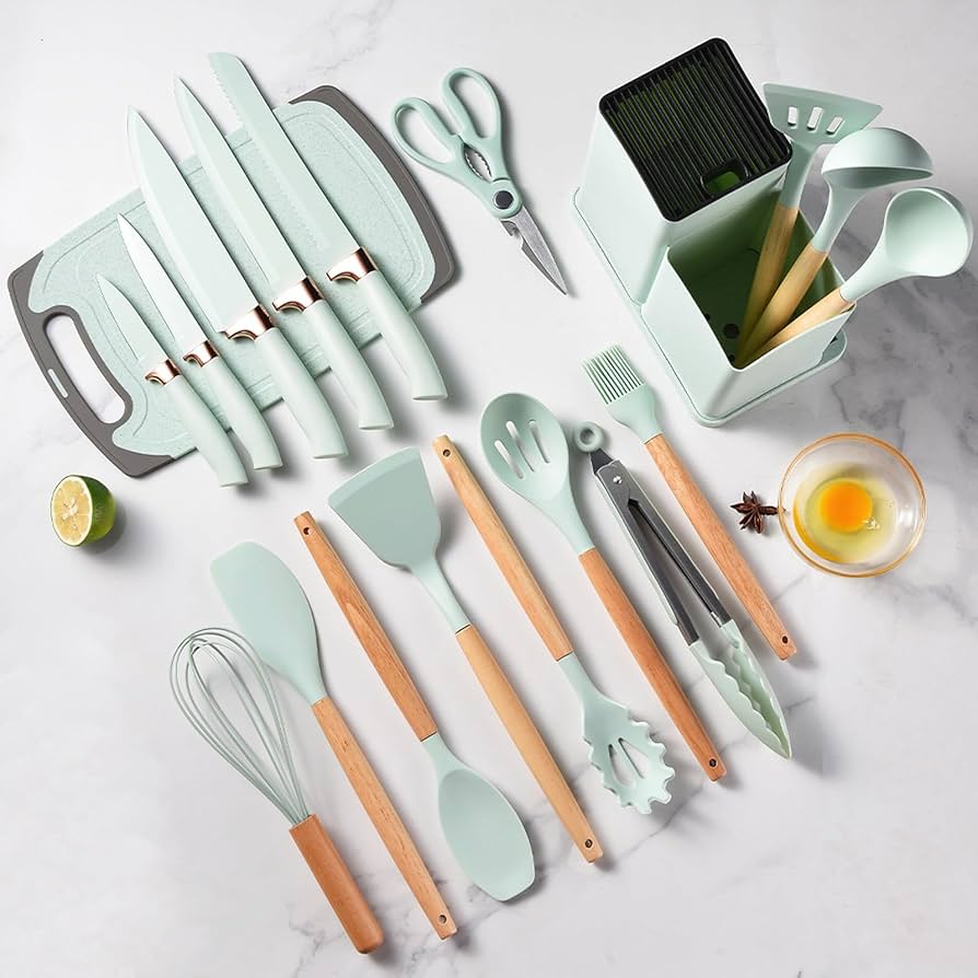 Cooking Utensils Set - 19 Piece Set with 11 Spatulas, 6 Sharp Knives, Silicone Utensils & Cutting Board