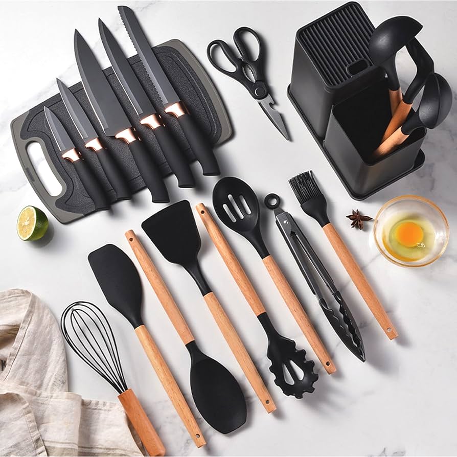 Cooking Utensils Set,19 Kitchen Set Utensils Set with 11 Pieces Spatula Cooking Utensils,Heat Resistant Silicone Utensils 6 Piece Sharp Knife Set 2 Pieces Utensil Cutting Board (Black 19 PCS Set)