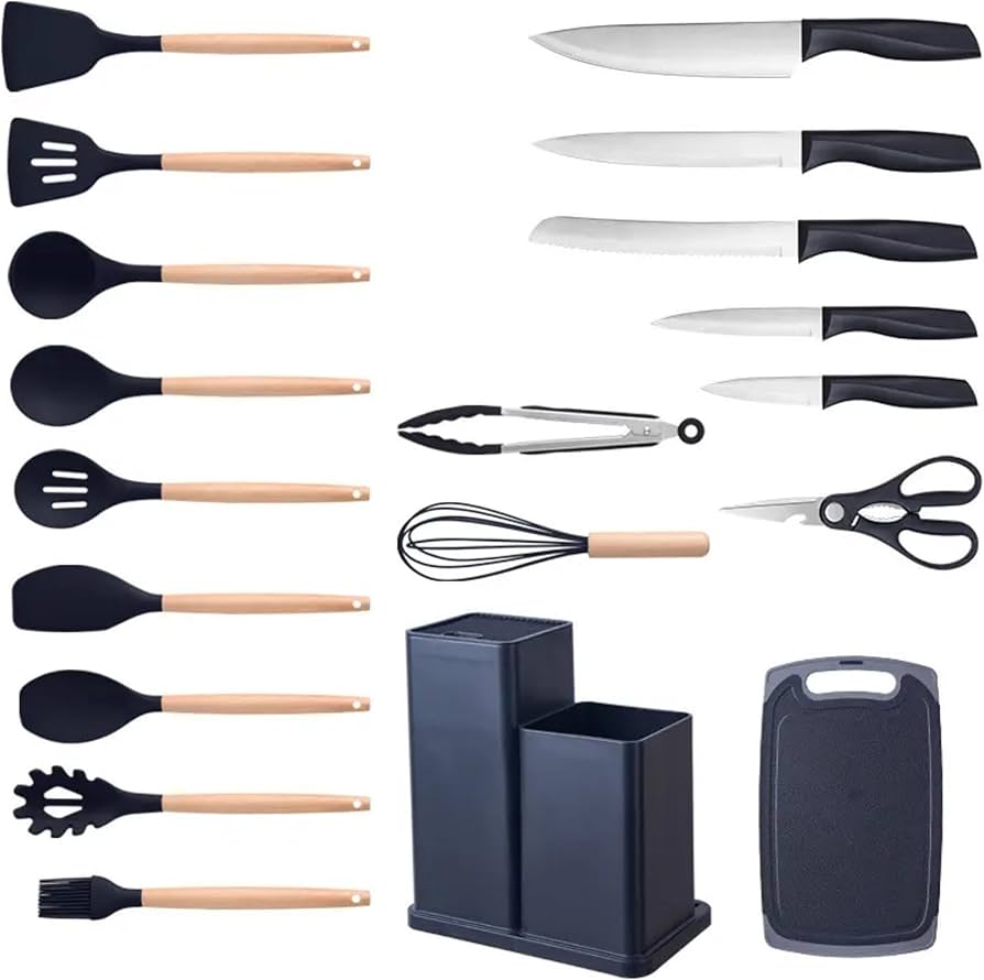 19 PCS Silicone Cooking Utensils Set with Wooden Handle, Heat-Resistant Non Stick Kitchen Utensils Set for Baking, Mixing and Serving, Essentials Kitchen Tools for New Homes and Gifts