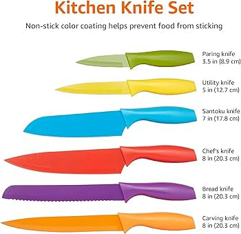 Basics Color-Coded Kitchen 12-Piece Knife Set, 6 Knives with 6 Blade Guards, Multicolo