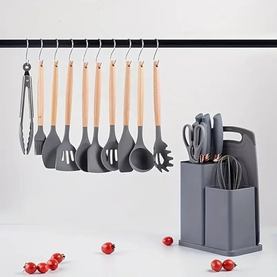 19-Piece Non-Toxic Silicone Cooking Utensils Set with Holder - Heat-Resistant Kitchen Aid Accessories, Non-Stick Silicone Cutlery Set for Kitchen
