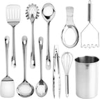 Kitchen Utensil Set - 10-piece premium Nonstick & Heat Resistant Kitchen Gadgets, Turner, Spaghetti Server, Serving Spoons, Whisk, Tongs, Masher & Utensil Holder, Stainless Stee