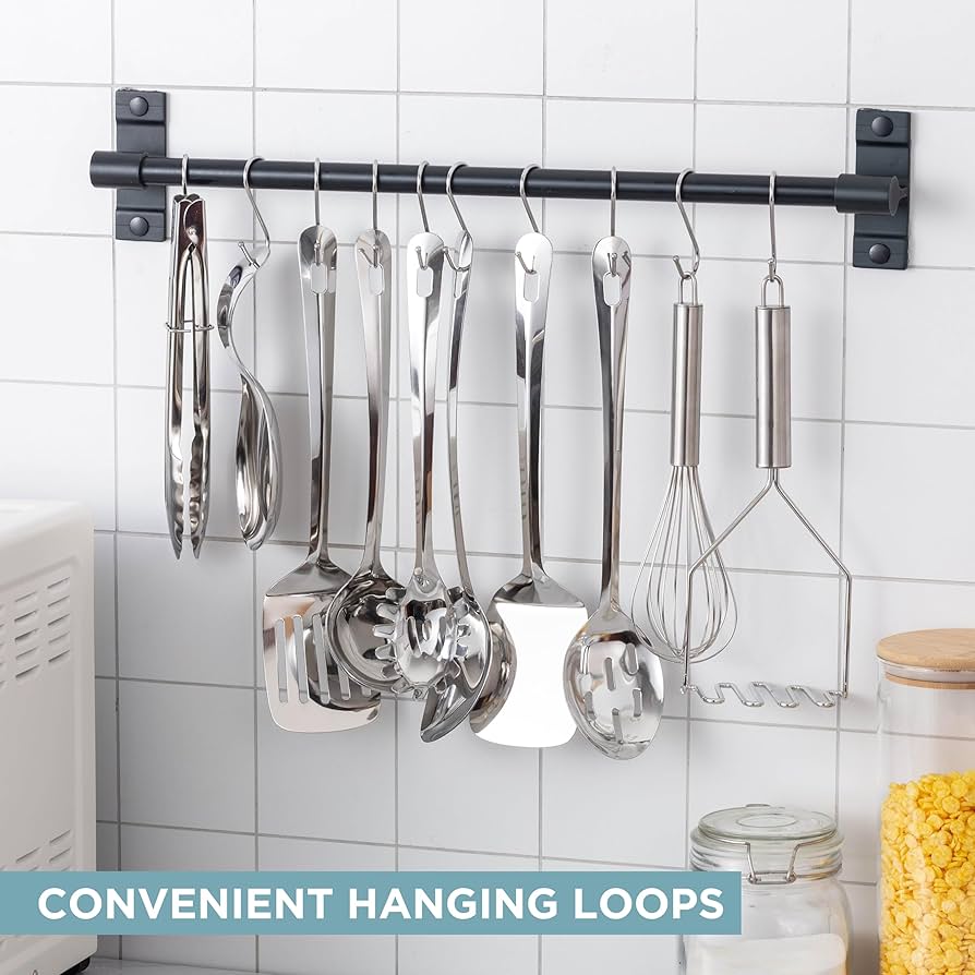 Kitchen Utensil Set - 10-piece premium Nonstick & Heat Resistant Kitchen Gadgets, Turner, Spaghetti Server, Serving Spoons, Whisk, Tongs, Masher & Utensil Holder, Stainless Stee