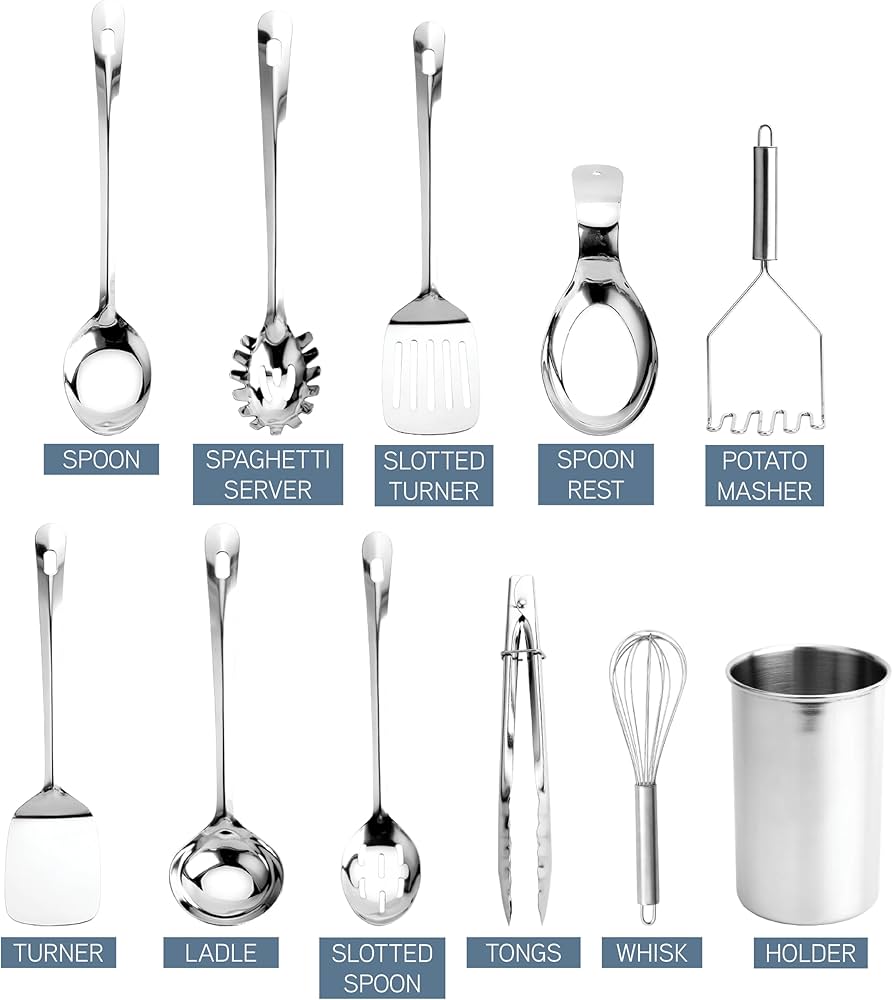 Kitchen Utensil Set - 10-piece premium Nonstick & Heat Resistant Kitchen Gadgets, Turner, Spaghetti Server, Serving Spoons, Whisk, Tongs, Masher & Utensil Holder, Stainless Stee